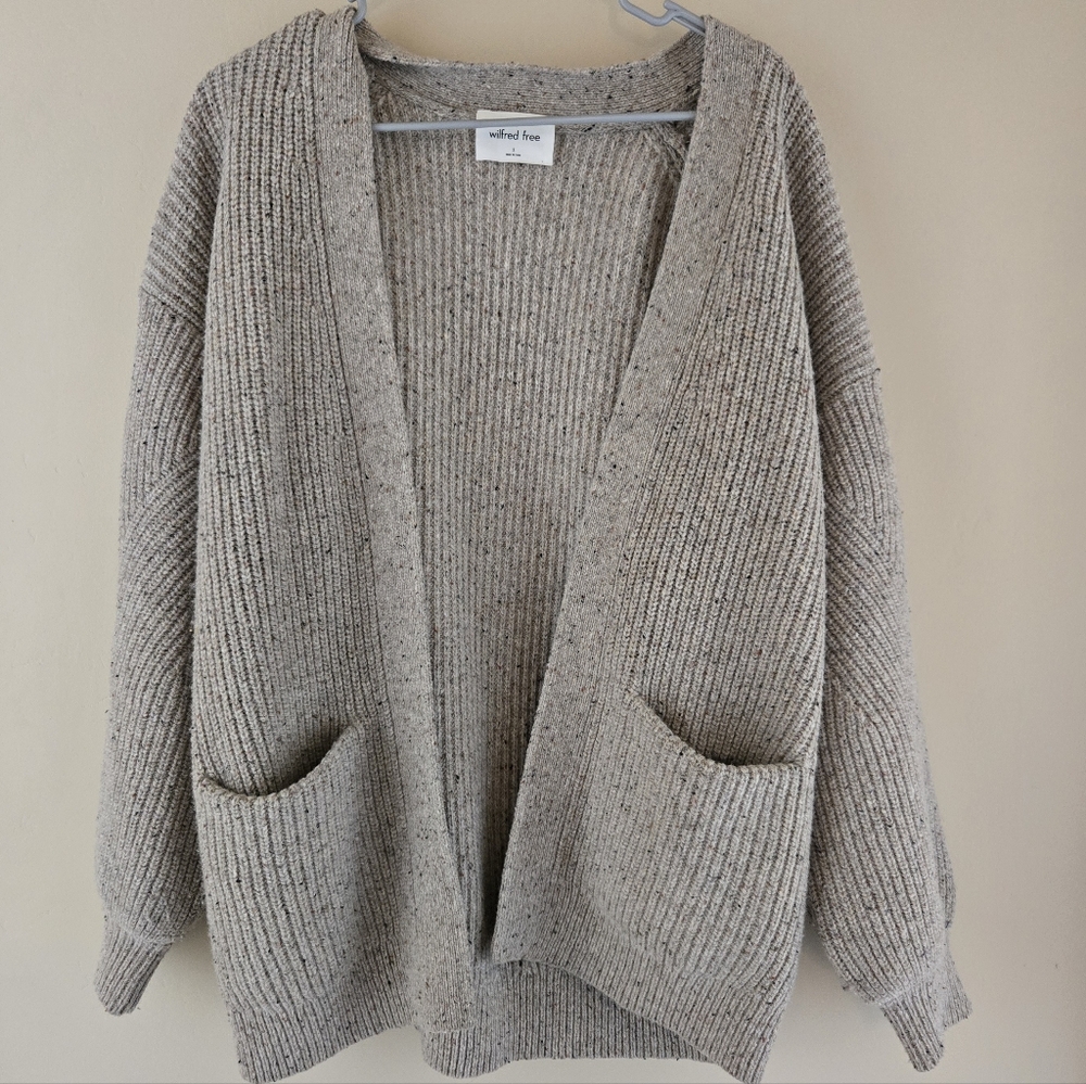 Wilfred Free Aritzia 80% Wool Open Cardigan Sweater Pockets Beige Tan size Small